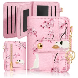 Bistup Wallet for Women Cute Small Card Wallet Genuine Leather Rfid with Keychain for Ladies Teen Girls Female Girly Aesthetic Flower Cat Unique Kawaii Pretty Modern Bifold Credit Card Holder