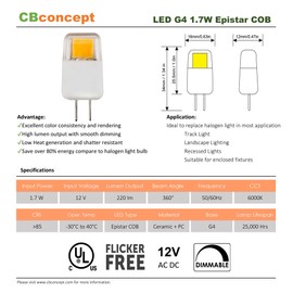 CBconcept UL Listed, G4 LED Light Bulb, 2 Pack, Epistar COB 1.7 Watt, Dimmable, 220 Lumen, Pure White 6000K, 360 degree Beam Angle, 12 Volt, 20W Equivalent, G4 Bi Pin Base Halogen Replacement Bulb