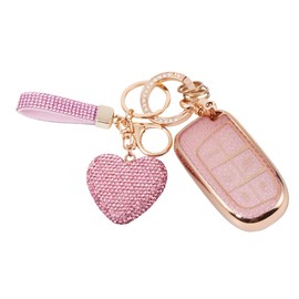 Key Fob Cover Case Shell Keychain for Jeep Grand Cherokee Compass Wrangler Renegade Dodge Durango Charger Challenger Dart Journey Chrysler Accessory Accessories Bling Girly Women, Gold Pink, TPU