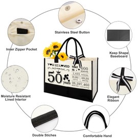Amosking 50th Birthday Gifts for Women 50 and Fabulous Canvas Tote Bag Travel Gear, Unique 50 Years Old Gifts for Wife Sister Mum Aunt Friends Her, Handbag & Cosmetic Bag & 50 Birthday Poster