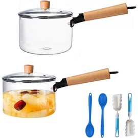 2 pack Glass Pot for Stove Top 60Oz/1.8L Clear Set Cooking Saucepan with Cover Heat-resistant Simmer Pasta Soup Milk Cookware Lid and Long Handle - Color: Long Clear 60Oz