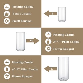 Hurricane Glass Candle Holder Clear Cylinder Vases, Pillar Candle Holders For Floating Candles Table Centerpiece Modern Glass Vases For Weeding Centerpieces Decoration Party Home Decor (3 Sets, S+M+L)