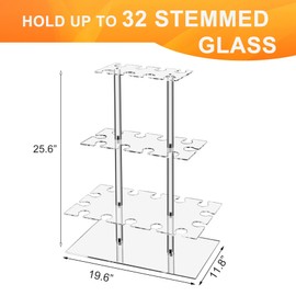 Champagne Display Holder Stand for Party, With 32 Slots, 3 Tier Clear Acrylic Wine Glass Stemware Rack Champagne Flute Holder with Led Light, Measures 26" x 20" x 12"