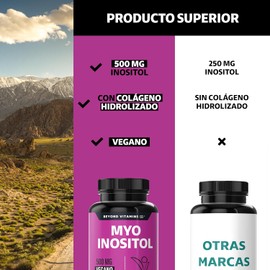 Myo Inositol 500 mg por cápsula con Colágeno Hidrolizado | Fórmula completa | Sin Azúcar - Suplemento Alimenticio Vegano Beyond Vitamins - Ingredientes NON GMO (180 Cápsulas)
