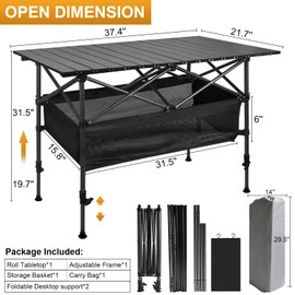 Audoyon Folding Camping Table, Outdoor Roll-up Table Height Adjustable & Portable 4-6 Person Metal Camp Grill Table for Picnic, BBQ, Party, Backyard, Beach, Mesh Storage and Carry Bag, Loads 220 Lbs