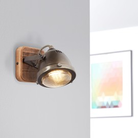 Lightbox Rustic Wall Spotlight with Unusual Retro Design | 12 x 12 cm | Stylish Wall Spotlight for Beautiful Flair in the Entrance Area | Material: Metal/Pine Wood | Colour: Brown/Steel Colours