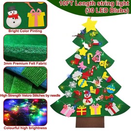 iGeeKid 4 Ft Led Felt Christmas Tree for Toddler Kids DIY Felt Christmas Craft Kits with 30 Ornaments 10ft Multi-Colored String Light Christmas Wall Hanging Decor Xmas Kids Gifts Party Supplies