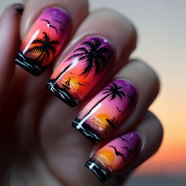 Coconut Tree Press on Nails Medium Square Fake Nails with The Setting Sun Design Seagull Glue on Nails Beach False Nails Glossy Reusable Summer Nails for Women Girls Manicure 24pcs