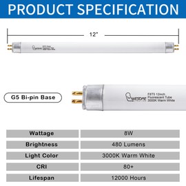 Wesome Lighting 8 Pack 12 Inch F8T5/WW Fluorescent Light Bulb, 3000K Warm White, T5 8 Watts Fluorescent Replacement Bulb for Counter and Cabinet Fixture, G5 Base