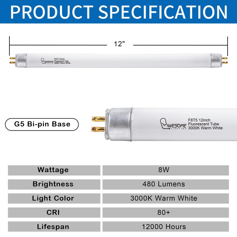 Wesome Lighting 8 Pack 12 Inch F8T5/WW Fluorescent Light Bulb,