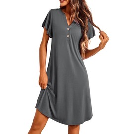 Ekouaer Women's Nightgown Short Flare Sleeve Sleepshirt V-Neck Sleepwear Soft Nightshirt Pajama Dress Grey XL