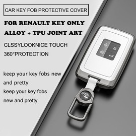 Car Key Case for Renault - 4 Buttons Car Key Case Compatible with Renault, Zinc Alloy Key Case for Clio Megane Kadjar Talisman Captur Espace Dacia, with Key Ring, White