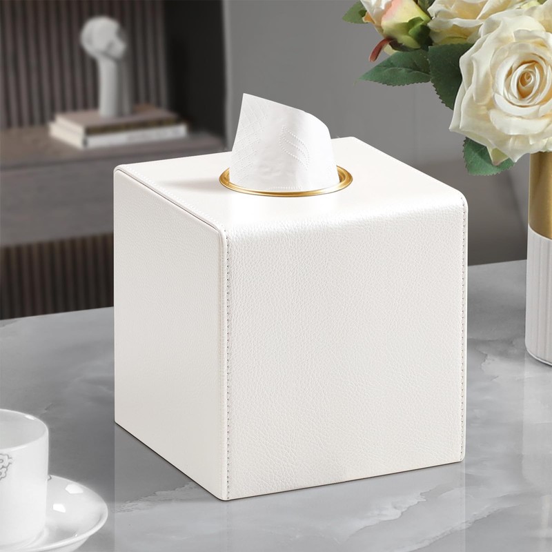 MEIBOOCH Square Tissue Box Cover, Luxury PU Leather Tissue Holder