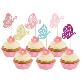 24 piezas de decoración para cupcakes de mariposa, multicolor, con purpurina, estilos mixtos, huecos, mariposas, cupcakes, baby shower, decoración de pasteles para bodas, compromisos, despedidas de soltera, niños, suministros de fiesta de cumpleaños