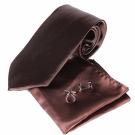 SEVENHEAD Mens Solid Color Tie 8cm and Pocket Square Cufflink Set for Men Wedding Business, Brown