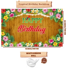 Tropical Floral Birthday Backdrop, Luau Birthday Banner for Tropical Luau Hawaiian Party Decororations, 71x43 inch (Wooden)