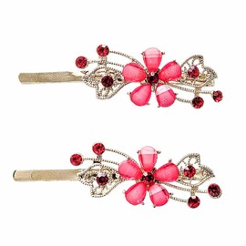 Rose Gold Flower Bobby Pin Rhinestone Crystal Hair Clip Hairpin Jeweled (Red - Round Petals)