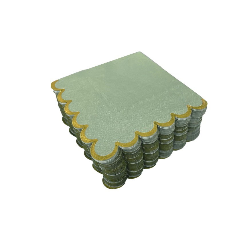 SUNTRADE Cocktail Napkins with Gold Foil, Green, Scalloped Edges, 100