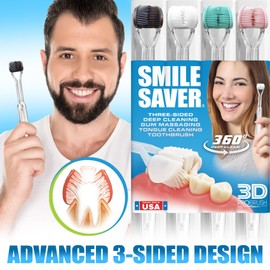 Smile Saver 360° 3-Sided Toothbrush 4-PK Deep Clean | Gum Massage Triple Ultra Soft Replacement Heads Tongue Scraper Sustainable Special Needs Sensory Gift Oral Health Care Gift Travel 3D Made in USA