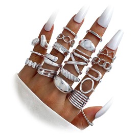 KISS WIFE 20 Pcs Chunky Gold Silver Rings, Thick Adjustable Rings Set for Women, Stackable Iregular Chunky Ring Stack, Trendy Jewelry Gifts (Silver)