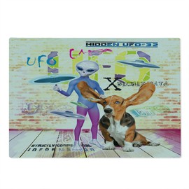 Ambesonne Outer Space Cutting Board, Alien and Dog with Giant Ears Vivid UFO Writing Grungy Brick Wall, Decorative Tempered Glass Cutting and Serving Board, Large Size, Multicolor