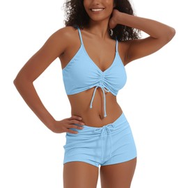 meioro Traje de baño sólido para mujer, pantalones cortos con lazo frontal, bikini de dos piezas, traje de baño atlético de cintura alta, Azul-cielo, Grande