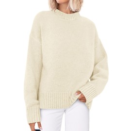 PRETTYGARDEN Womens Sweaters Fall 2025 Trendy Casual Crewneck Long Sleeve Cozy Knit Pullover Sweater Tops Winter Clothing(Beige White,Large)
