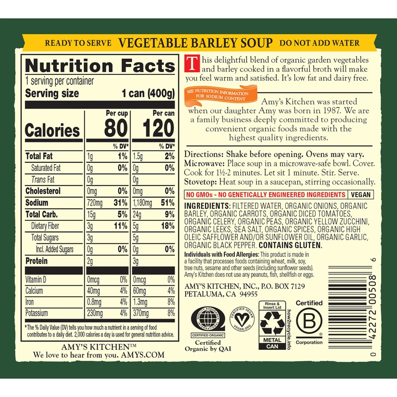 Amy’s Soup, Vegan Vegetable Barley Soup, Low Fat, Made With
