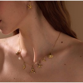 ALRNBY Gold Charm Choker Necklace for Women Initial Boho Necklace Bubble Letter A-Z Pendant Shell Starfish Necklace Beach Necklace (J)
