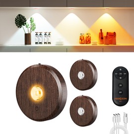 MEKKLEON Puck Lights With Remote Control - Rechargeable, Wireless Under Cabinet Lighting, 2000mAh Battery Operated Tap Push Touch Light, Stick On for Counter, Shelf, Bookcase (Wood Color, 3 Pcs)