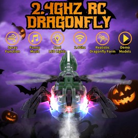 GAIETYDIY RC Dragonfly Robot Toy with 2.4GHz Remote, Lights, Music & Spray - Realistic Dragonfly Gift for Kids, Perfect for Holidays, Parties & Pranks, Green