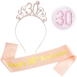 Xrten Geburtstag Schärpe zum 30,Birthday Girl Headband,Roségold-Geburtstagsschärpegeburtstagsfeier 30-Jahre Alte Set Haarreifen,Krone Band, Zinn Brust Abzeichen Set,Geburtstag Geschenke Frauen Deko