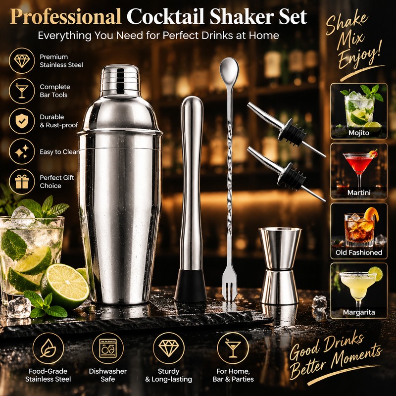 Stainless Steel Cocktail Shaker Set for Home Bartending – Complete