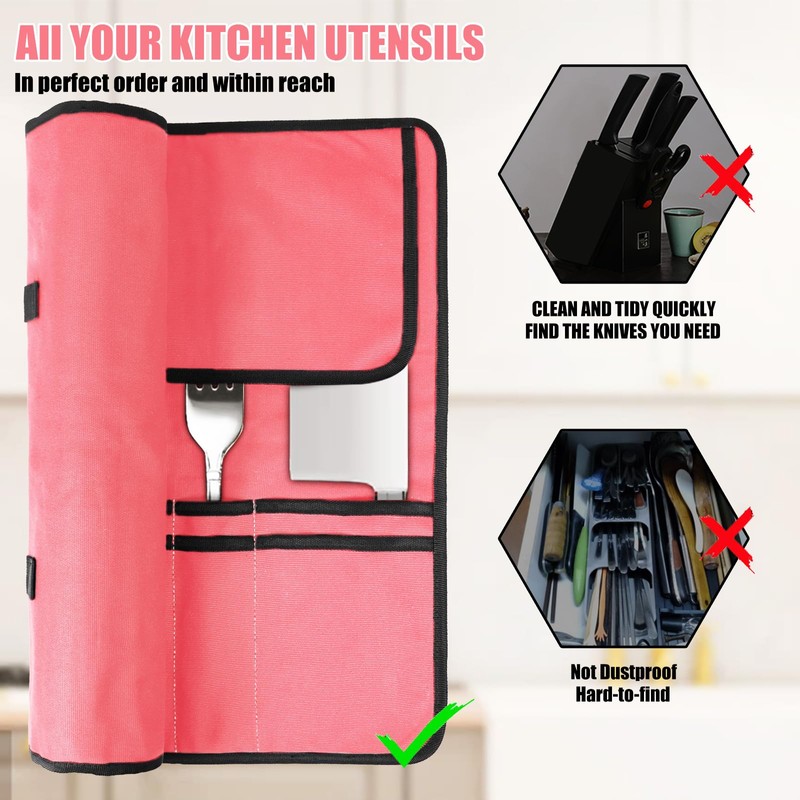 QIQU Pink Chef Knife Bag With 10 Slots Cutlery Knives