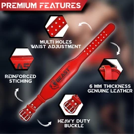 Beast Power Gear Weight Lifting Belt - 4” Genuine Leather For Lower Back Support Bodybuilding Squat Deadlift Cross Strength Training Weightlifting Gym Belt For Men Women (Red, Medium 28" - 33")