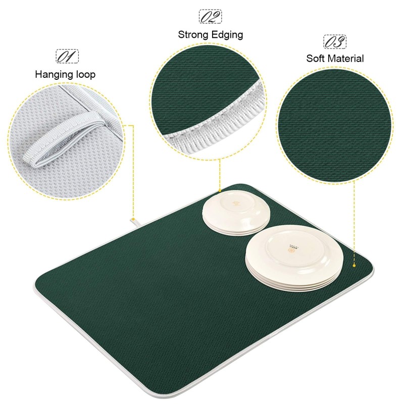 Qilmy Hunter Green Dish Drying Mats Tableware Absorption Water Mat