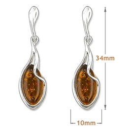 Sterling Silver Teardrop Baltic Honey Dangly/Dangle Drop Amber Earrings for Women/Ladies/Girls - 925 Sterling Silver - Unusual Fancy Cognac Amber Jewellery. 070436