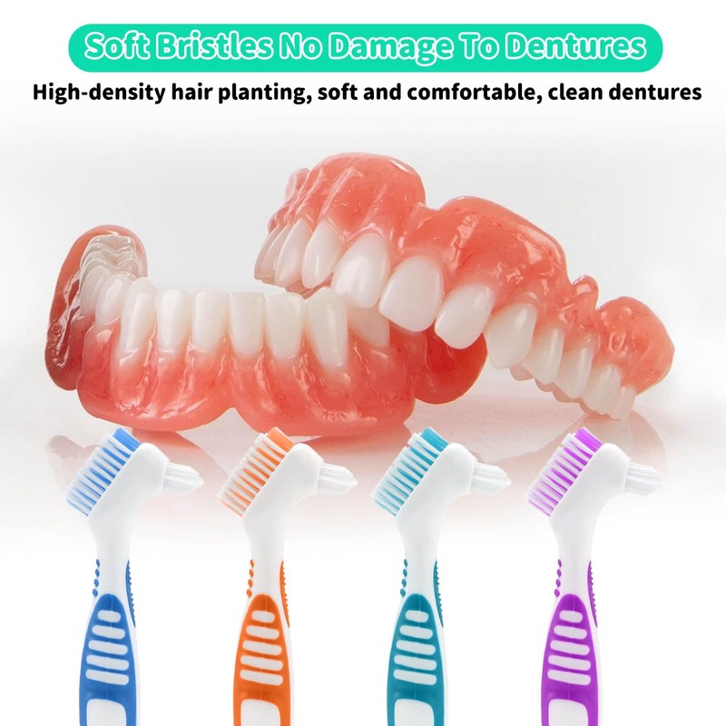 Pack of 4 Double-Sided Denture Cleaning Brushes, Ergonomic Denture Brush