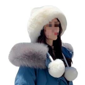 Dtymm Women's Fluffy Fleece Lined Knit Beanies Hats Winter Peruvian Cover Ears Faux Fur Crochet Cap with Pom Pom, White