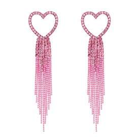 EVER FAITH Heart Long Tassel Earrings for Women, Rhinestone Crystal Waterfall Fringe Wedding Disco Cosplay Dangle Statement Earrings Pink Pink-Tone