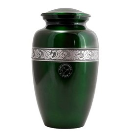 Silver Engraved Cremation Urn for Human Ashes | Green Aluminum Funeral Urn with Velvet Bag (70 Cubic Inches)