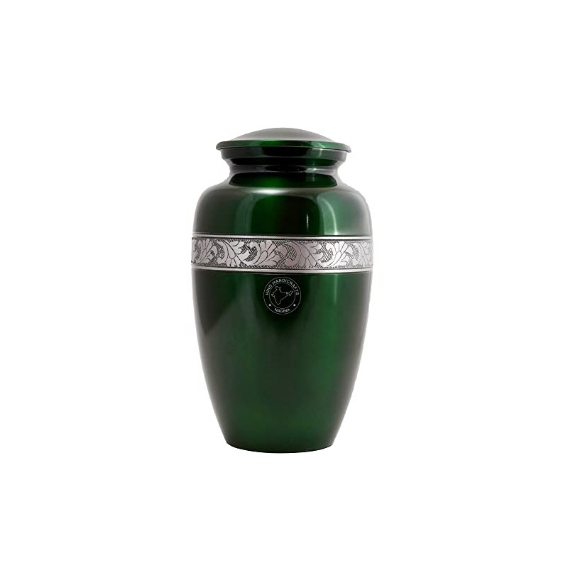 Silver Engraved Cremation Urn for Human Ashes | Green Aluminum