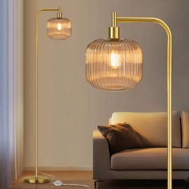 QiMH Glass Floor Lamp for Living Room, Modern Standing Lamp with Ribbed Grey Glass Lampshade Pedal Switch, 67” Tall Lamp for Bedroom Study Room, Black (2700K LED Bulb Included)