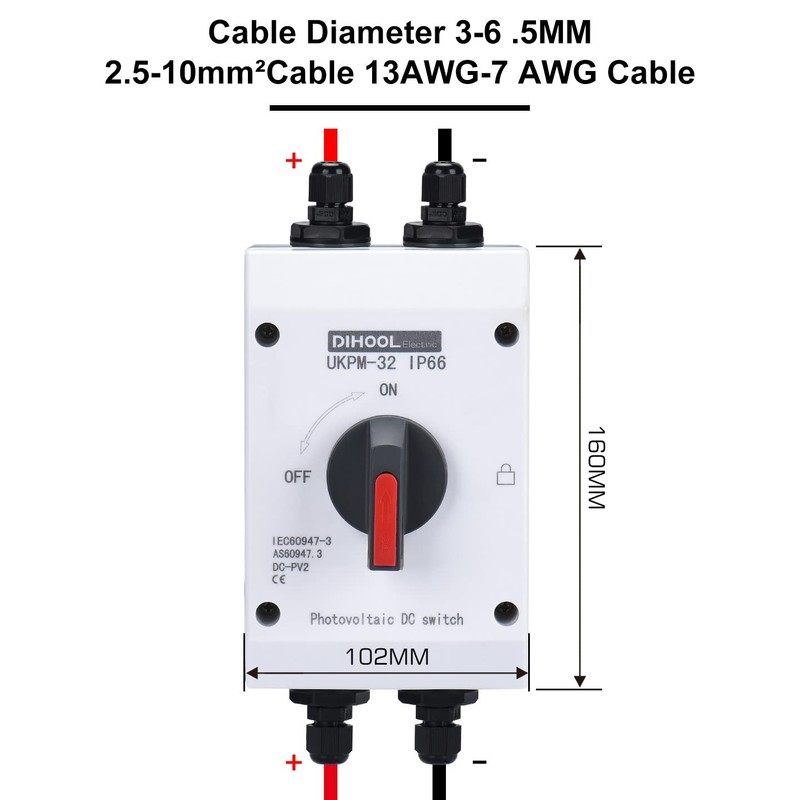 DIHOOL Solar Disconnect Switch,32 Amp DC1200V 4P Isolator,IP66 Outdoor,Cable Glands