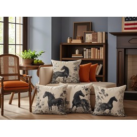UZFNY Animals Black Horse Double Sided White Linen Pillow Cover Set of 4 – 18″×18″ Decorative Throw Pillow Covers with Botanical Prints, Invisible Zipper, Machine Washable Cushion Case for Sofa Décor