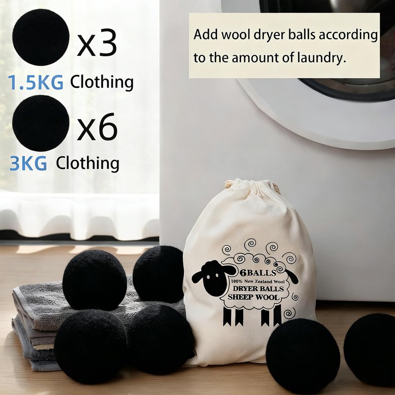 6 Pack Wool Dryer Balls, Black, 2.75 in/7 cm