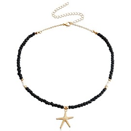 Azusa Sun Boho Beaded Choker Necklace Starfish Cute Summer Pendant Necklace Colorful Beaded Beach Necklace Fashion Jewelry Gift For Women Girls （Black）,(DDF016)