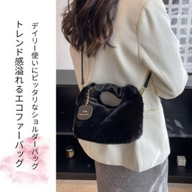 Lakeruta Women's Eco Fur Mini Shoulder Bag, Handbag, Fluffy, Mokomoko, Boa, Shearling, Faux Mink, Black