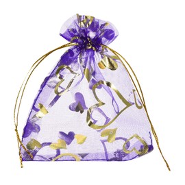 sourcing map Organza Bag 5" x 7", Sheer Heart Mesh Bags Drawstring Gift Bags Bulk Party Favor Bag Jewelry Pouches for Wedding Candy Valentines (Light Purple-Gold, Pack of 50)