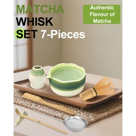 JBER Matcha Set, Matcha Kit 7 Pcs - Bamboo Matcha Whisk and Bowl with Spout, Whisk Holder, Sieve, Matcha Spoon and Holder, Japanese Matcha Whisk Set 7-Piece for Matcha Lovers, Gradient Green